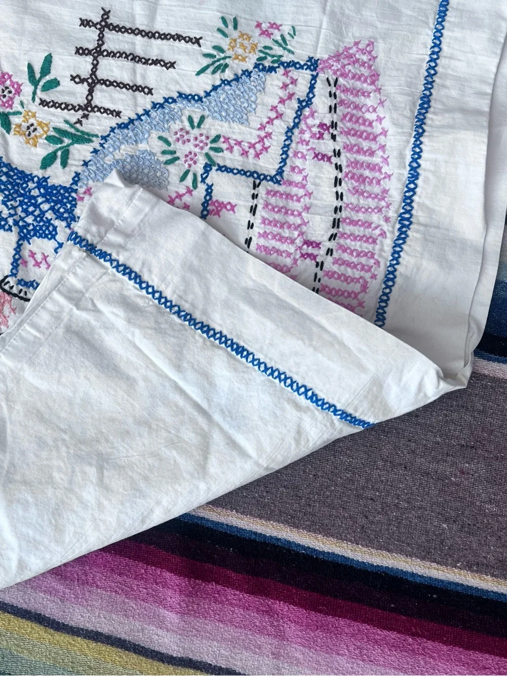 Embroidered Romantic Couple Blue, Pink & Green southern bell pillowcases 2